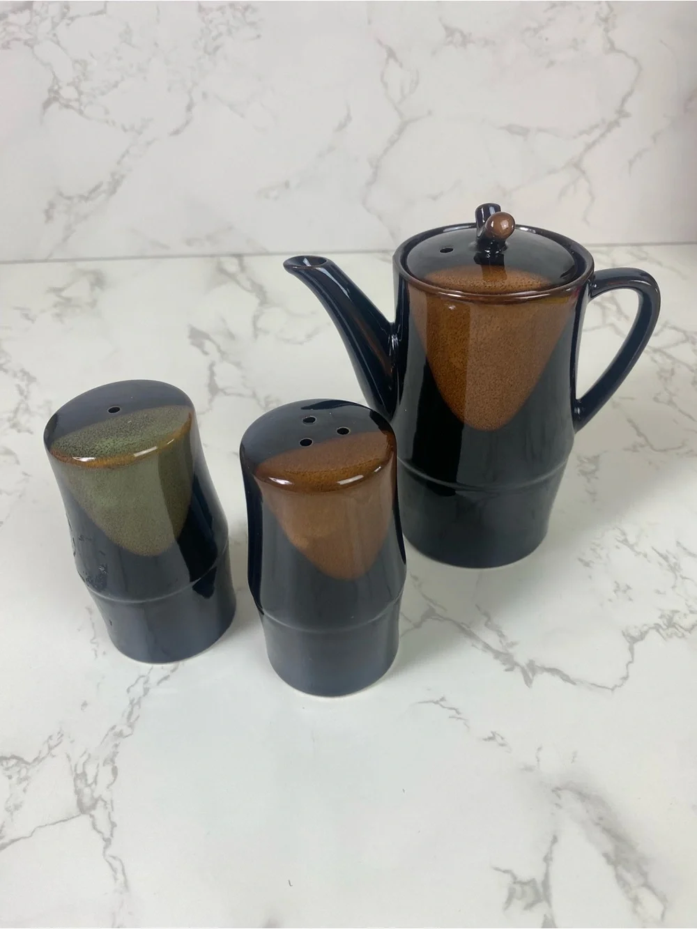 Vintage Japanese 70s Soy Sauce Pitcher and Salt and Pepper Shaker brown Glaze